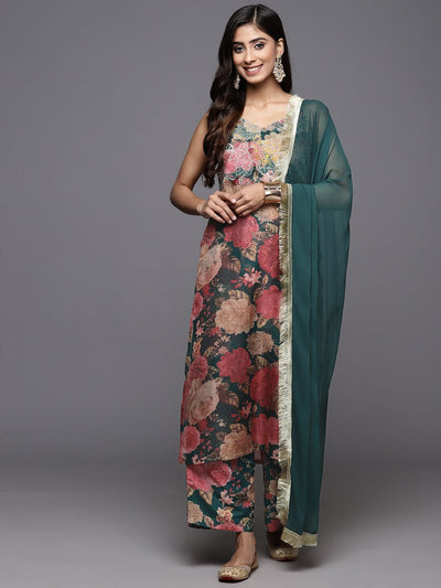 Indyancart VA Women'sFloral Printed Zari Kurta With Palazzos & Dupatta