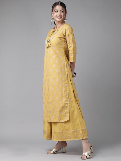 Indyancart IE Women Ethnic Motifs Printed Regular Gotta Patti Pure Cotton Kurta With Sharara