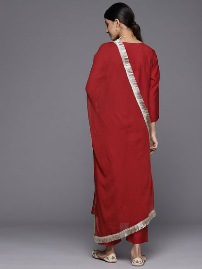 Indyancart VA Women's Red Floral Embroidered Sequinned Kurta with Trousers & With Dupatta