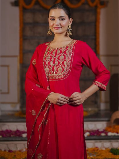 Women Ethnic Motifs Embroidered Regular Kurta with Trousers & With Dupatta