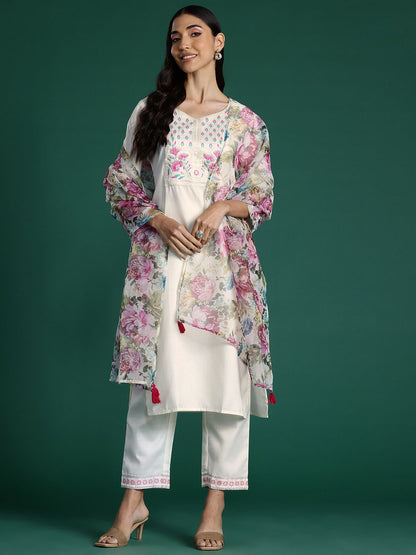 Indyancart IE Yoke Design Zari Pure Cotton Kurta With Trousers & Dupatta