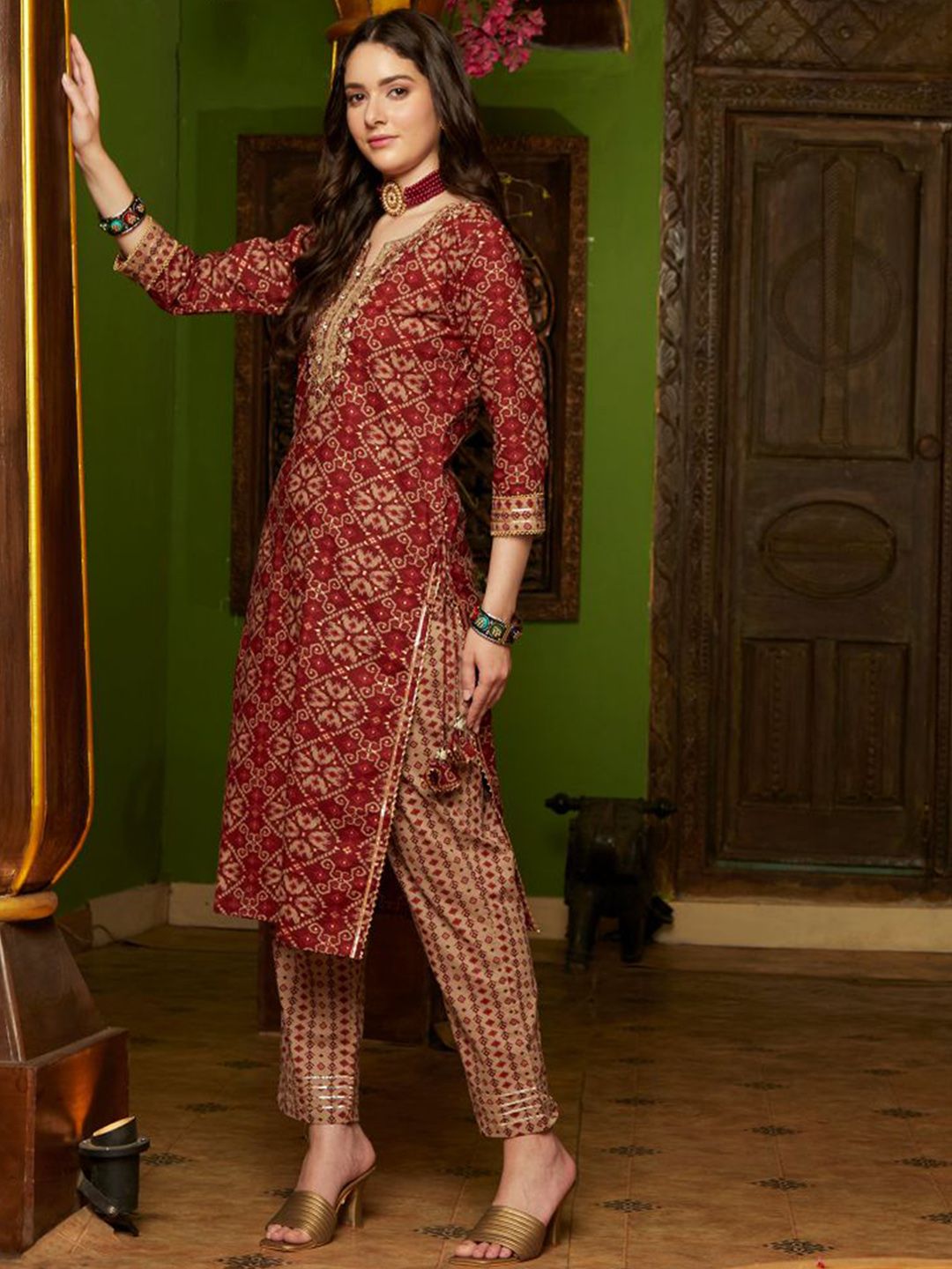 Indyancart SN Women's Printed Gotta Patti Pure Cotton Straight Kurta With Trouser & Dupatta