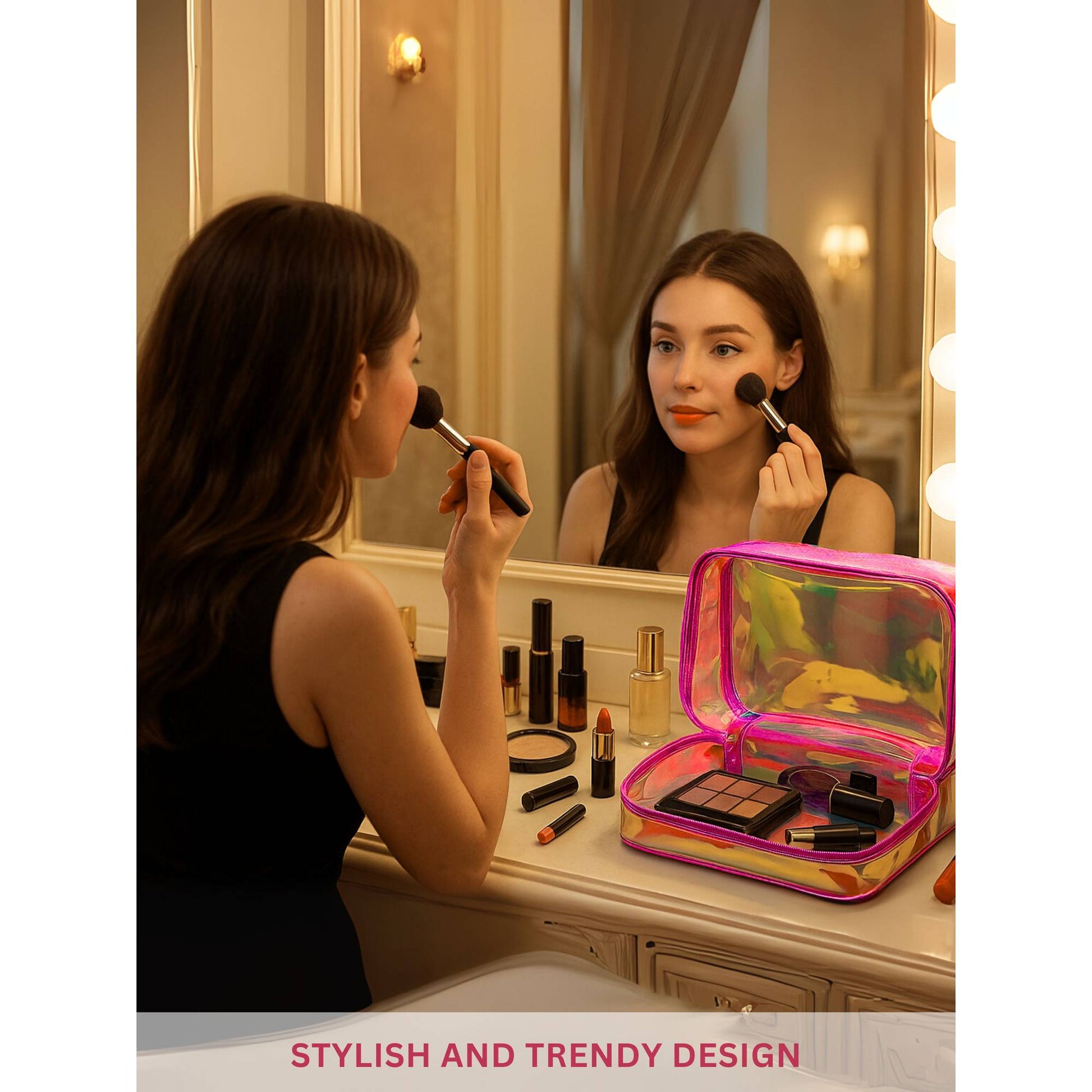 Allure Large Pink Holographic Makeup Pouch-AV-20