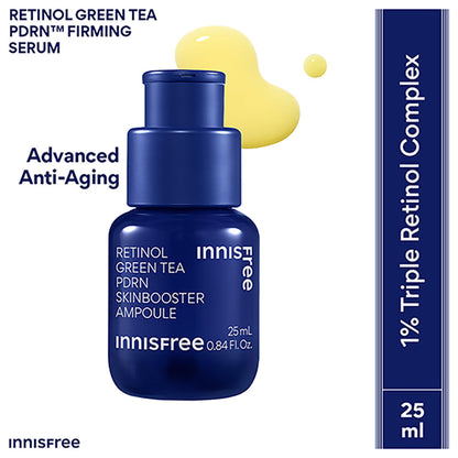 Innisfree 1% Retinol Green Tea Vegan PDRN serum in a clear bottle, showing the green tea essence and serum texture.