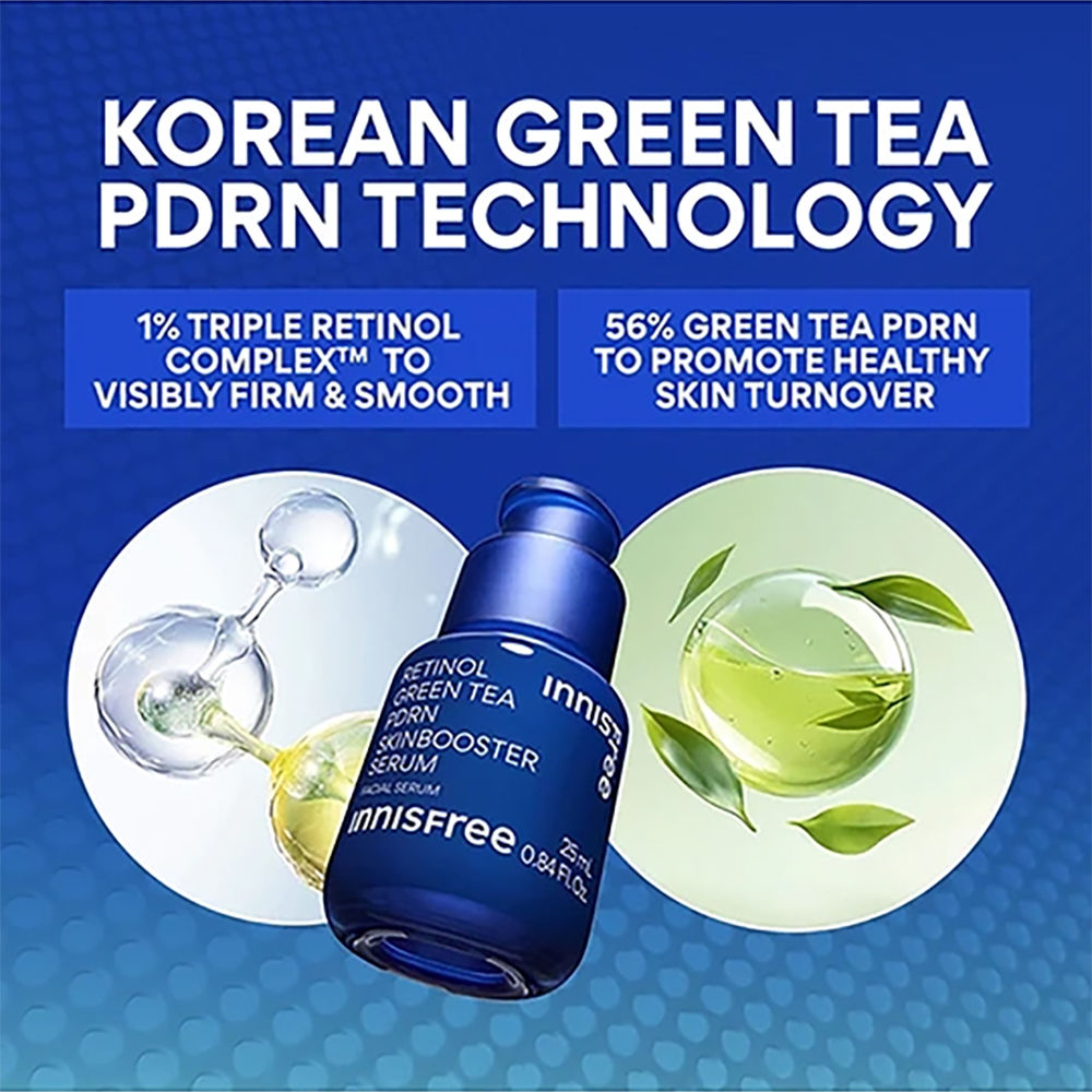 Innisfree 1% Retinol Green Tea vegan serum ampoule with PDRN, featuring a dropper bottle for anti-aging, brightening, and skin soothing.