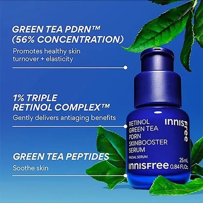 Innisfree 1% Retinol Green Tea vegan serum ampoule with PDRN, showing the skincare product in a clear dropper bottle.
