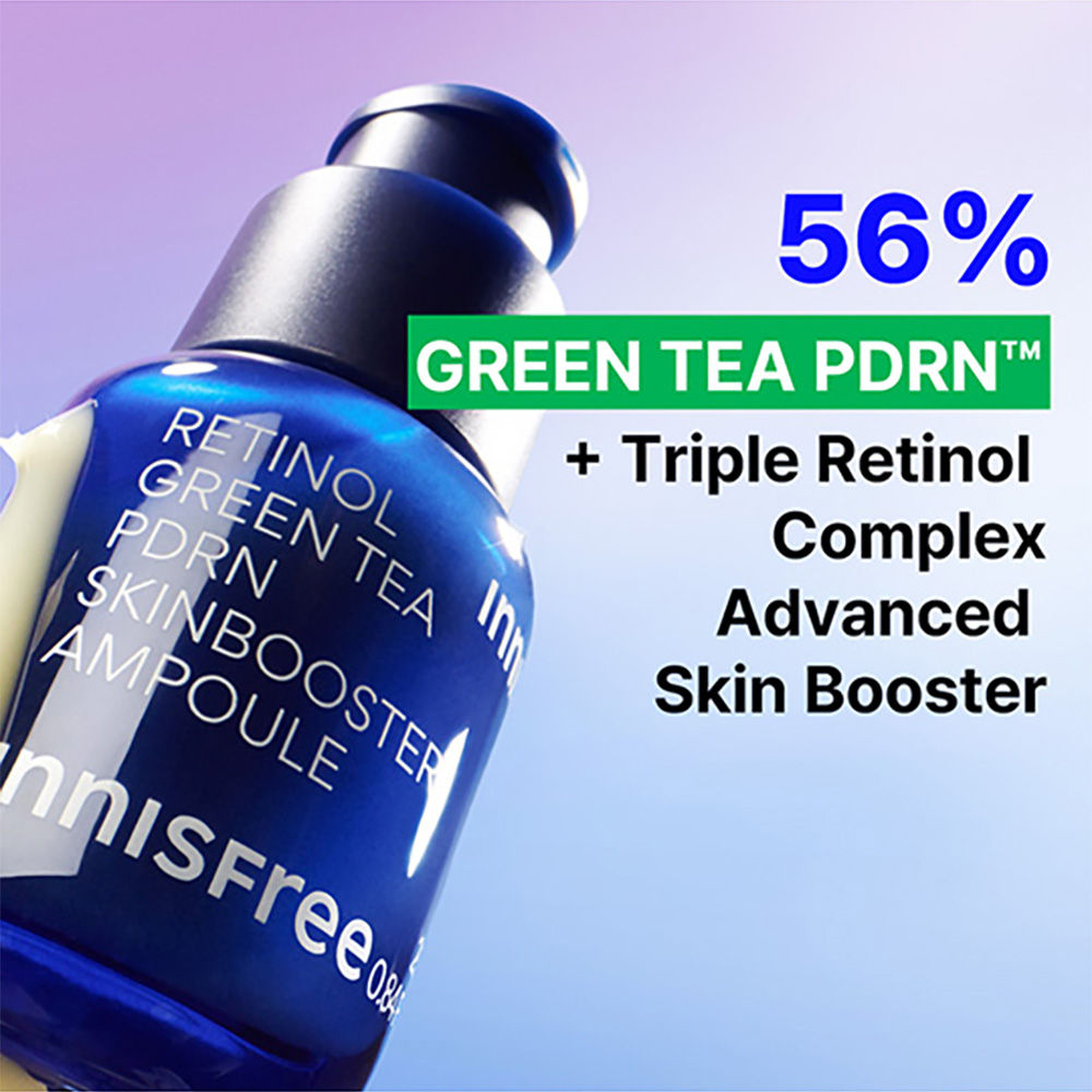 Innisfree 1% Retinol Green Tea Vegan PDRN serum in a clear dropper bottle, showing green tea ingredients and soothing skincare benefits