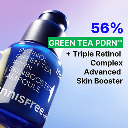 Innisfree 1% Retinol Green Tea Vegan PDRN serum in a clear dropper bottle, showing green tea ingredients and soothing skincare benefits