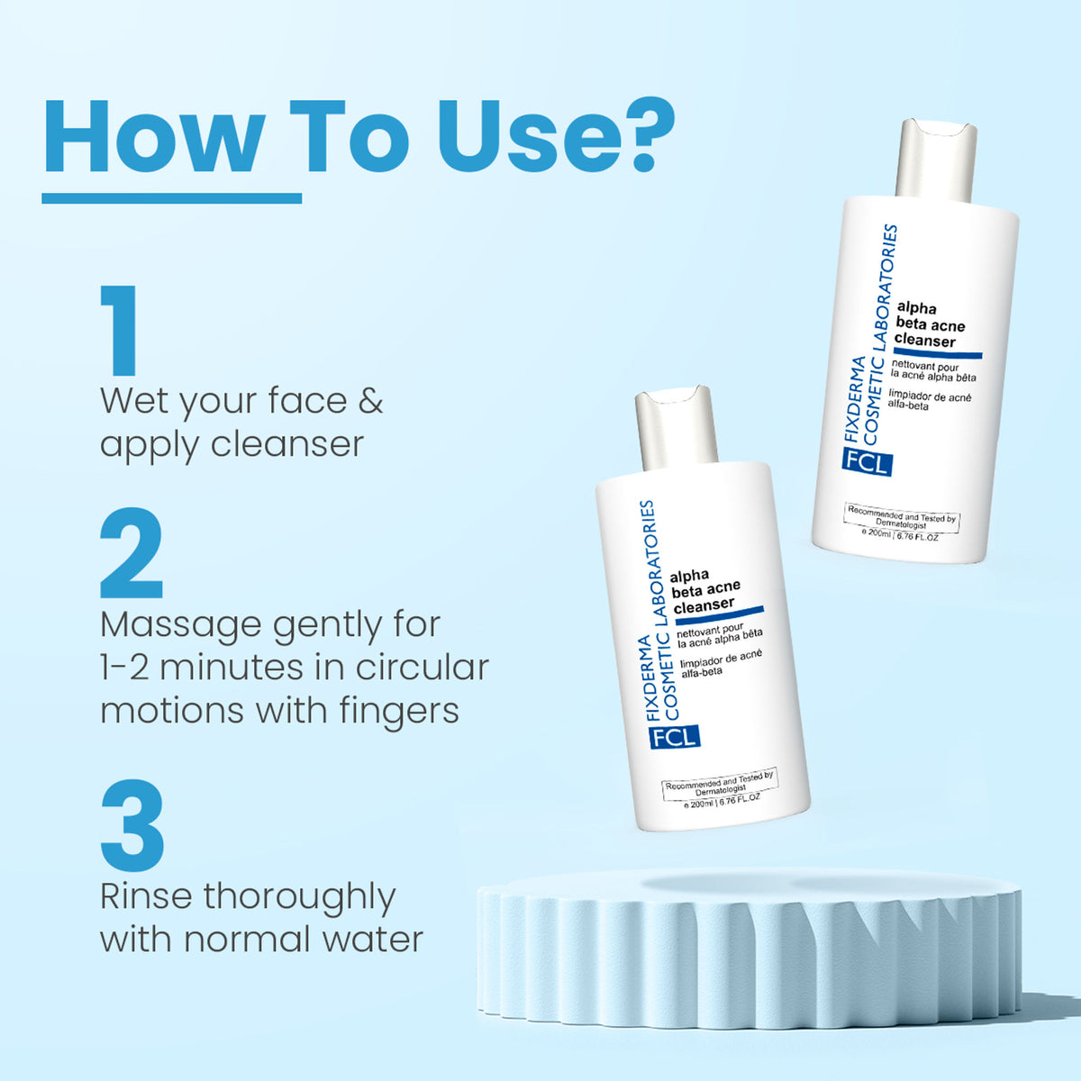 Fixderma Alpha Beta Acne Cleanser with pimple reduction, deep pore cleansing, and sebum control, non-comedogenic for clear skin.