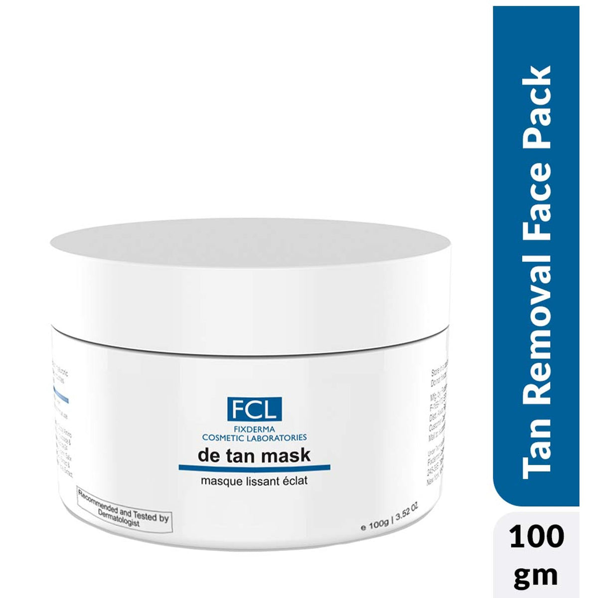 Fixderma FCL De Tan Mask for tanning and dark skin, cleans pores, removes blackheads, and improves skin tone.