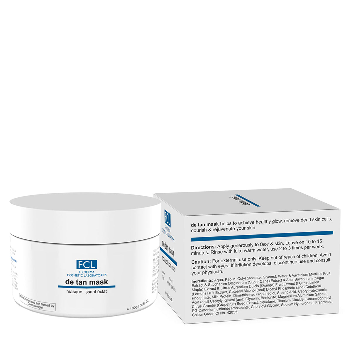 Fixderma FCL De Tan Mask for dark skin, clears pores, removes blackheads, and improves skin tone with cosmetic care.
