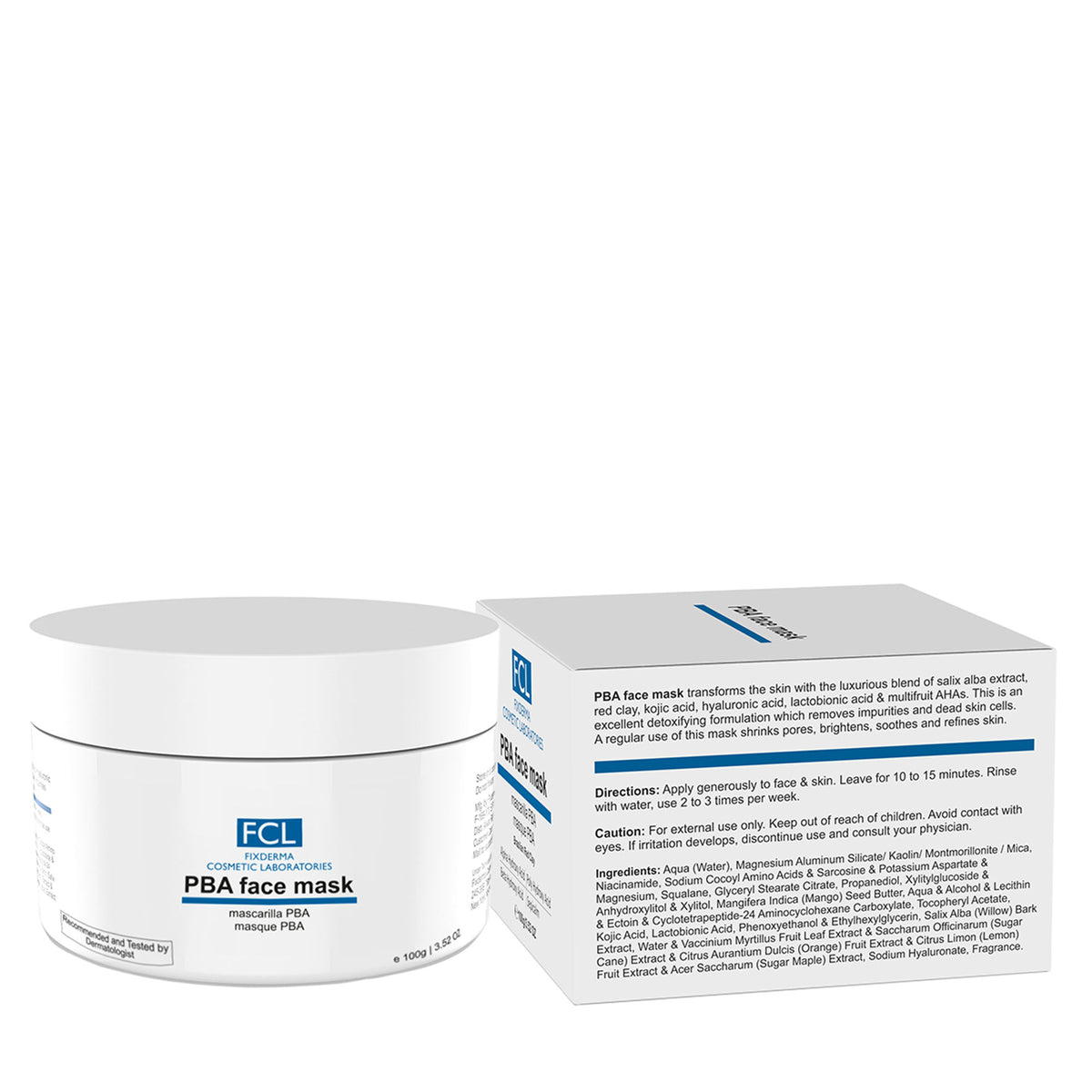Fixderma Cosmetic Laboratories PBA Brightening Face Mask with kojic acid and hyaluronic acid for glowing skin.