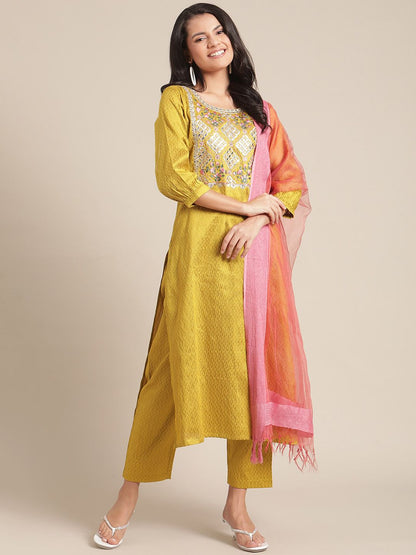 Indyancart VA Women's Mustard Yellow Embroidered Pure Silk Kurta with Trousers & With Dupatta