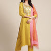 Indyancart VA Women's Mustard Yellow Embroidered Pure Silk Kurta with Trousers & With Dupatta