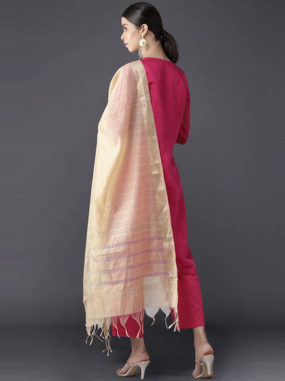 Dhiyona IE Women Pink & Gold-Toned Chanderi Cotton Kurta with Trousers & With Dupatta