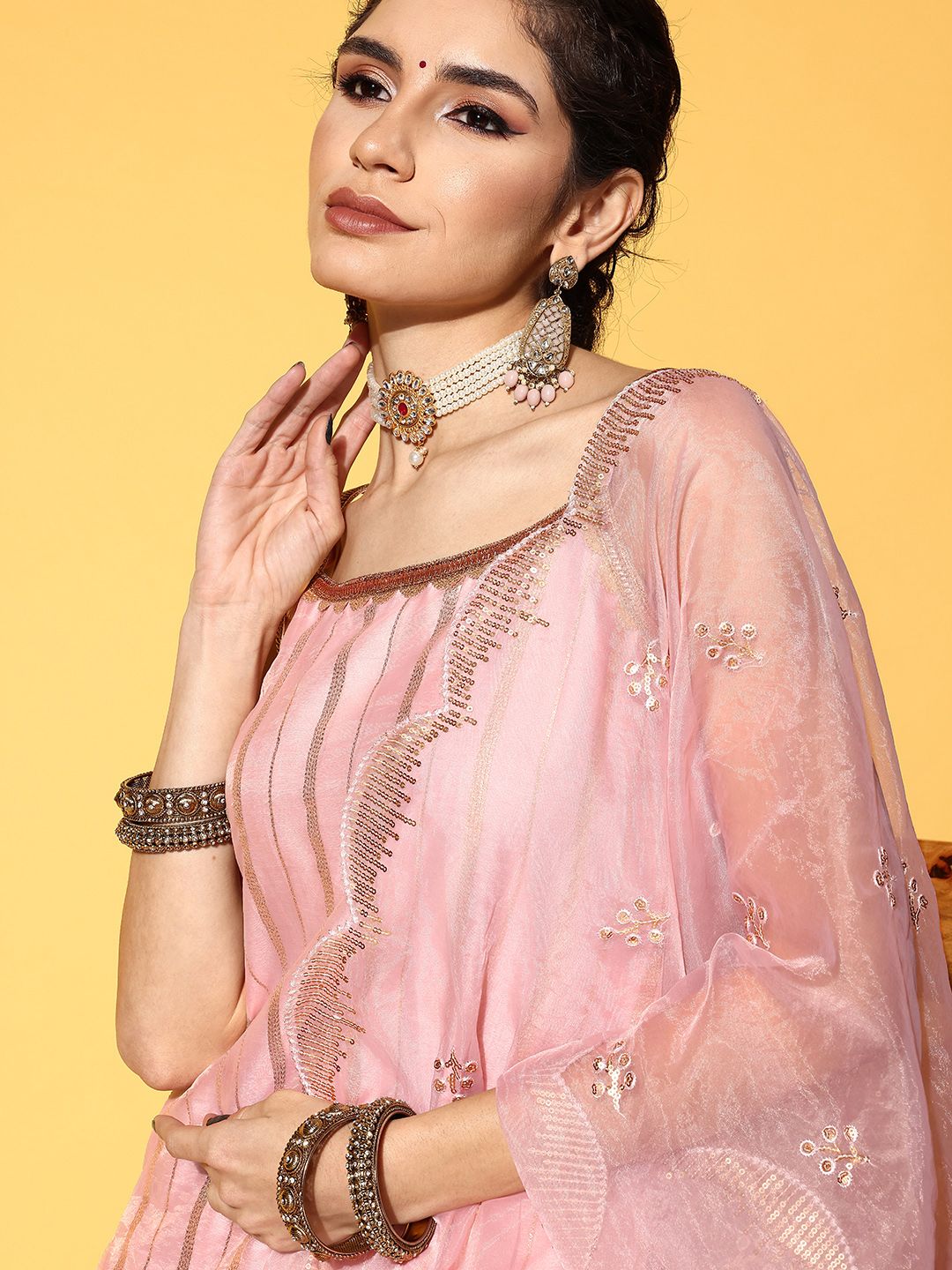 Indyancart VA Women's Peach-Coloured Striped Kurta with Sharara & Dupatta