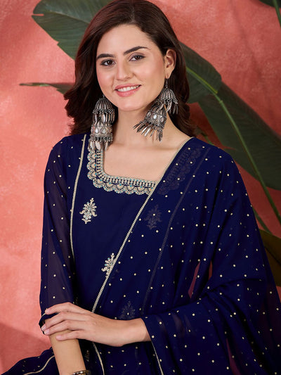 Indyancart SN Women's Zari Sequence Thread Embroidered Straight Kurta With Trousers & Dupatta
