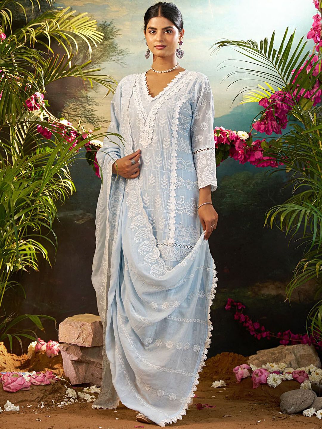 Women Ethnic Motifs Embroidered Cotton Kurta with Trousers & Dupatta