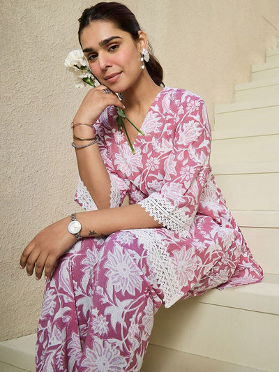 Dhiyona IE Floral Printed V Neck Pure Cotton A-Line Kurta with Trousers