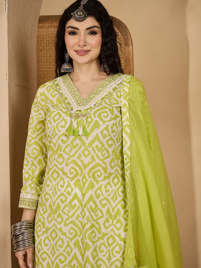 Indyancart SN Women's Geometric Printed Pure Cotton Kurta with Palazzo & Dupatta
