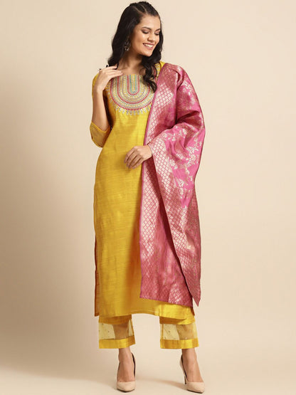 Indyancart VA Women's Mustard Yellow Embroidered Sequinned Kurta Set with Dupatta