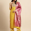 Indyancart VA Women's Mustard Yellow Embroidered Sequinned Kurta Set with Dupatta