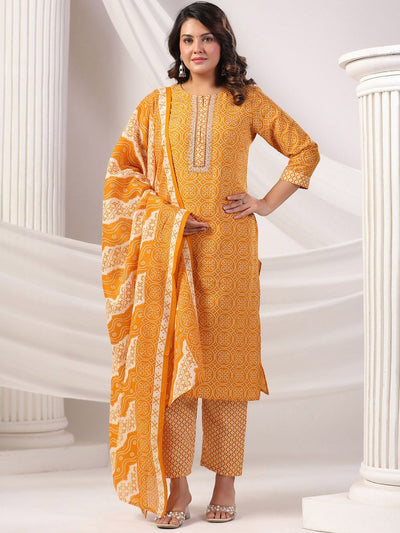 Indyancart IE Women Bandhani Printed Regular Mirror Work Kurta Trousers With Dupatta