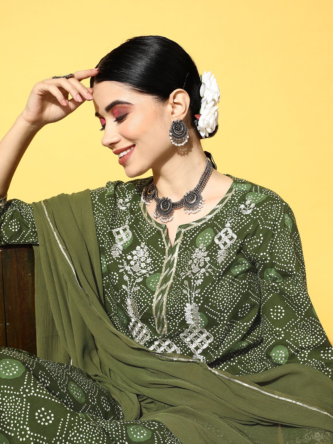 Women Green Ethnic Motifs Printed Gotta Patti Kurta with Sharara & With Dupatta