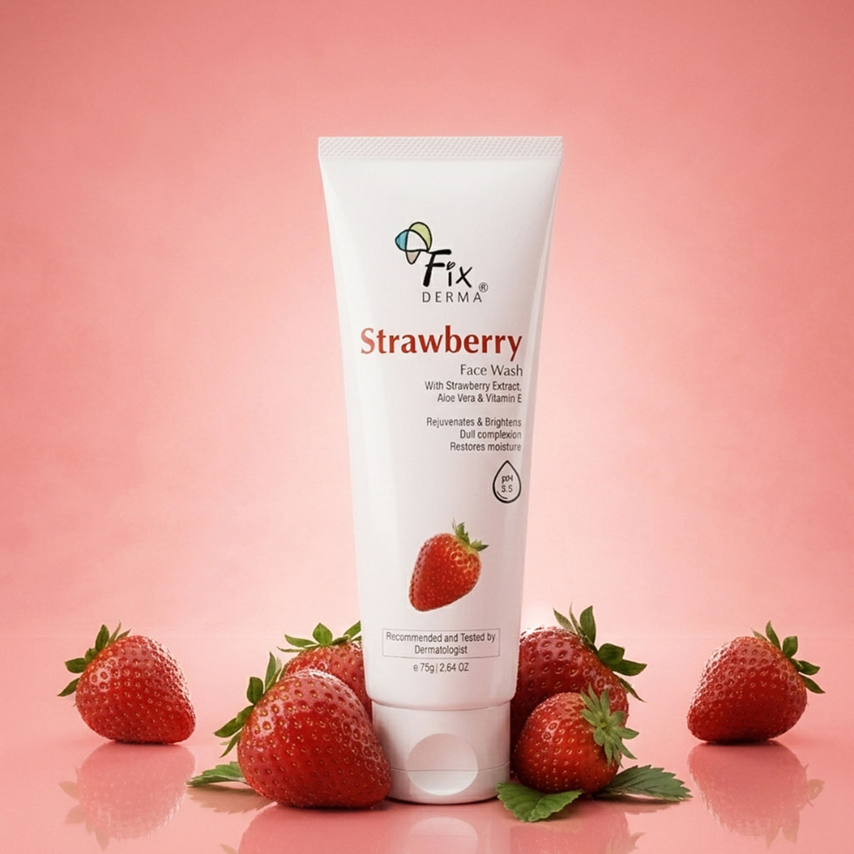 Fixderma Strawberry Face Wash with Vitamin E and strawberry extract, designed for oily skin, showing the product bottle and fresh strawberries.
