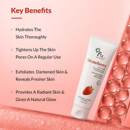 Fixderma Strawberry Face Wash with Vitamin E and strawberry extract, designed for oily skin, shown in a clear bottle with fresh strawberries.