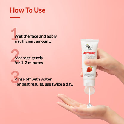 Fixderma Strawberry Face Wash for oily skin with vitamin E and strawberry extract, showing the product bottle and fresh strawberries.