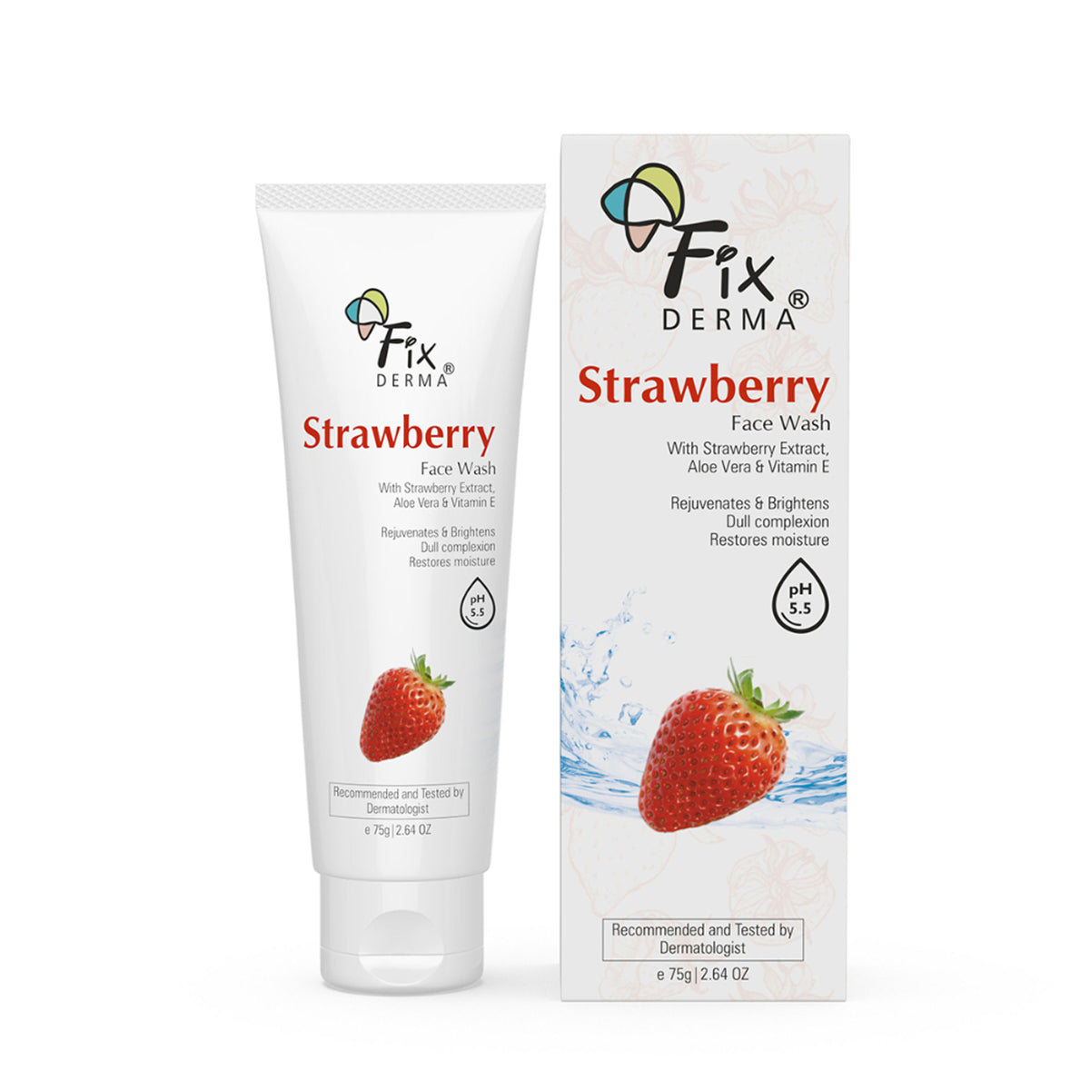 Fixderma Strawberry Face Wash with Vitamin E and Strawberry Extract, suitable for oily skin, showing the product bottle and fresh strawberries.