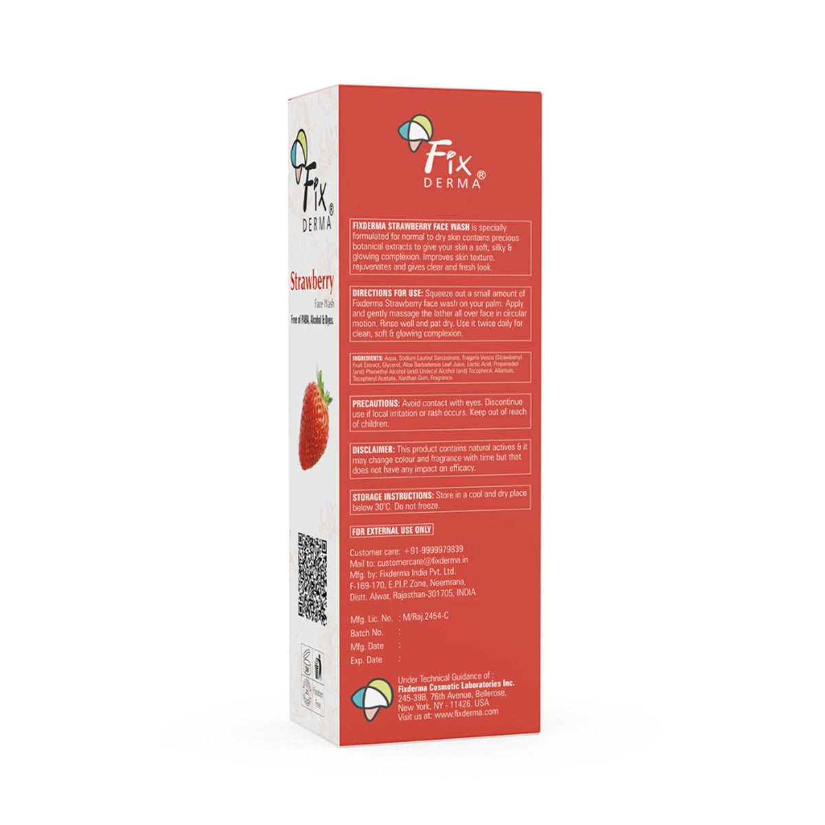Fixderma Strawberry Face Wash with Vitamin E and strawberry extract for oily skin, showing the product bottle with fresh strawberries.