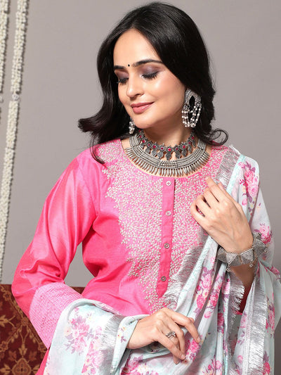 Indyancart VA Women's Pink Yoke Design Sequinned Chanderi Silk Kurta with Palazzos & With Dupatta