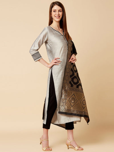 Indyancart VA Women's Grey Art Silk Kurta Sets
