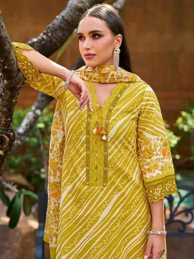 Indyancart IE Mustard Leheriya Printed Thread Work Pure Cotton Kurta with Trousers & Dupatta