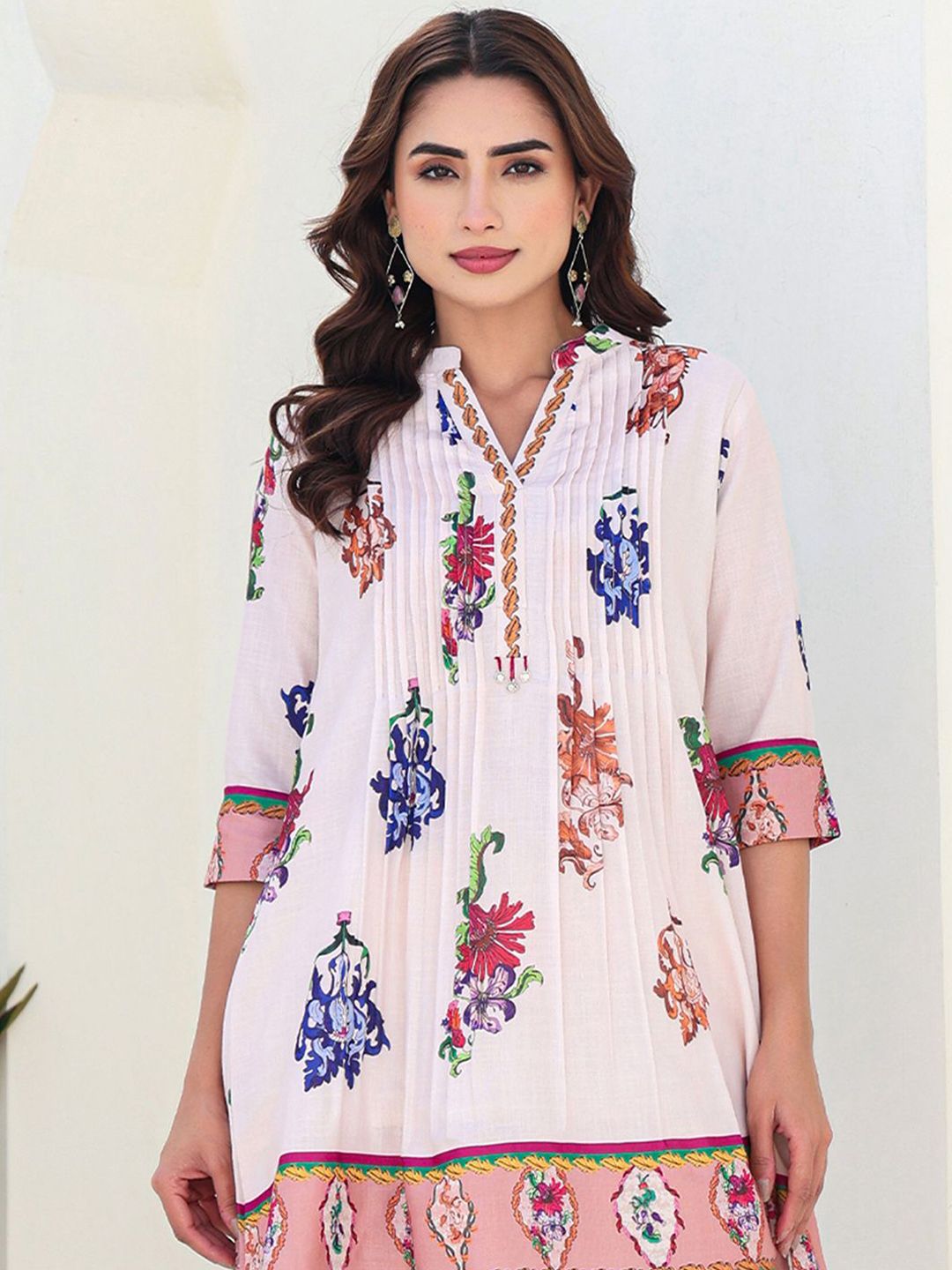 Indyancart IE Printed Pure Cotton Mandarin Collar Neck A-Line Tunic With Trousers Co-Ords