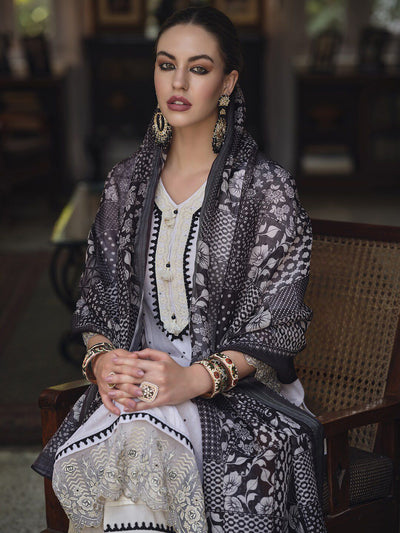 Indyancart IE Cream-Coloured & Black Floral Embroidered Thread Work Linen Kurta Set