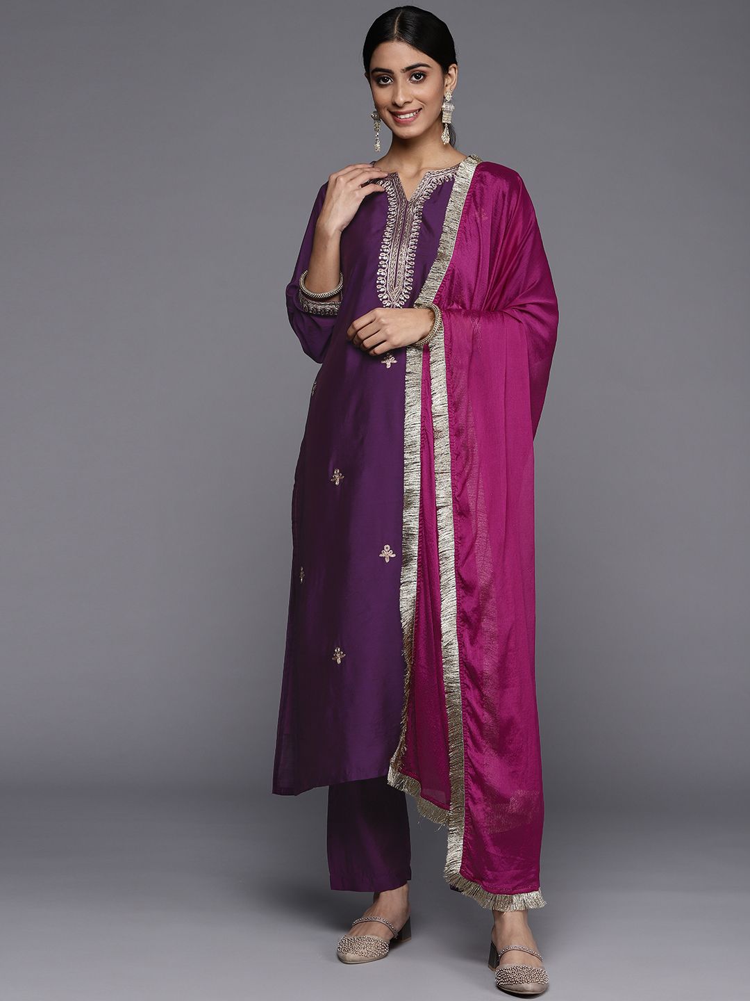 Indyancart VA Women's Purple Ethnic Motifs Embroidered Kurta with Trousers & With Dupatta