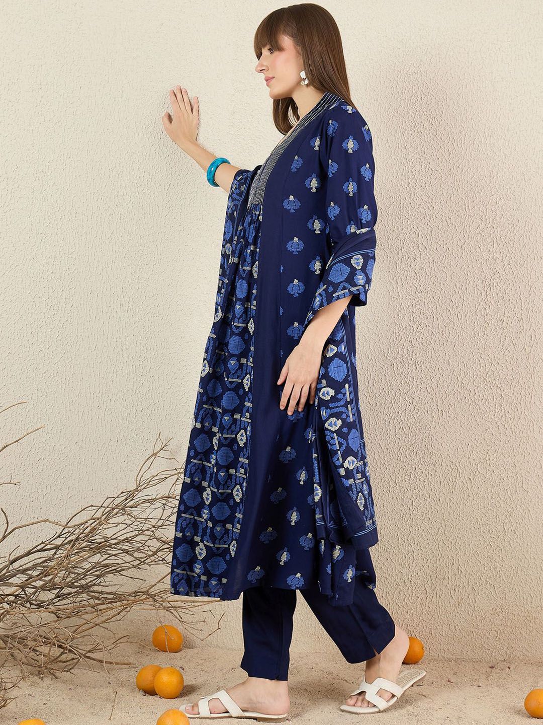 Indyancart IE Women Quirky Printed Cotton Kurta with Trousers & Dupatta