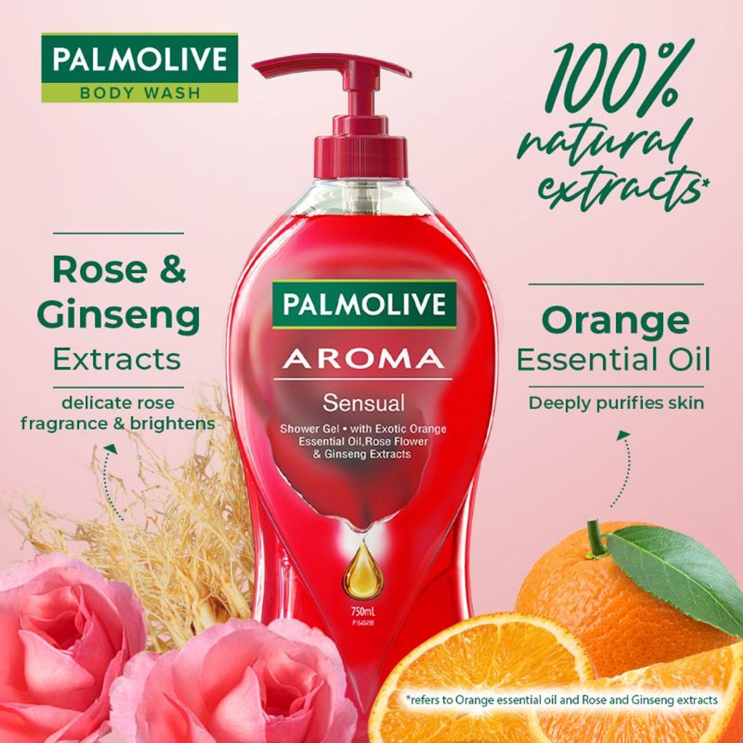 Palmolive Ginseng, Rose & Orange Essential Oil Aroma Pure Sensual - Soothing & Brightening Body Shower Gel