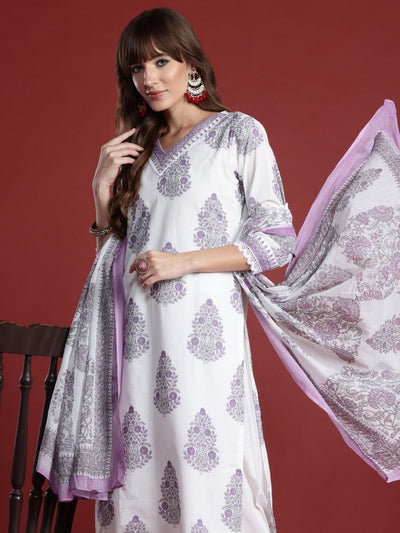 Indyancart IE Floral Printed Sequinned Pure Cotton Kurta with Trousers & Dupatta