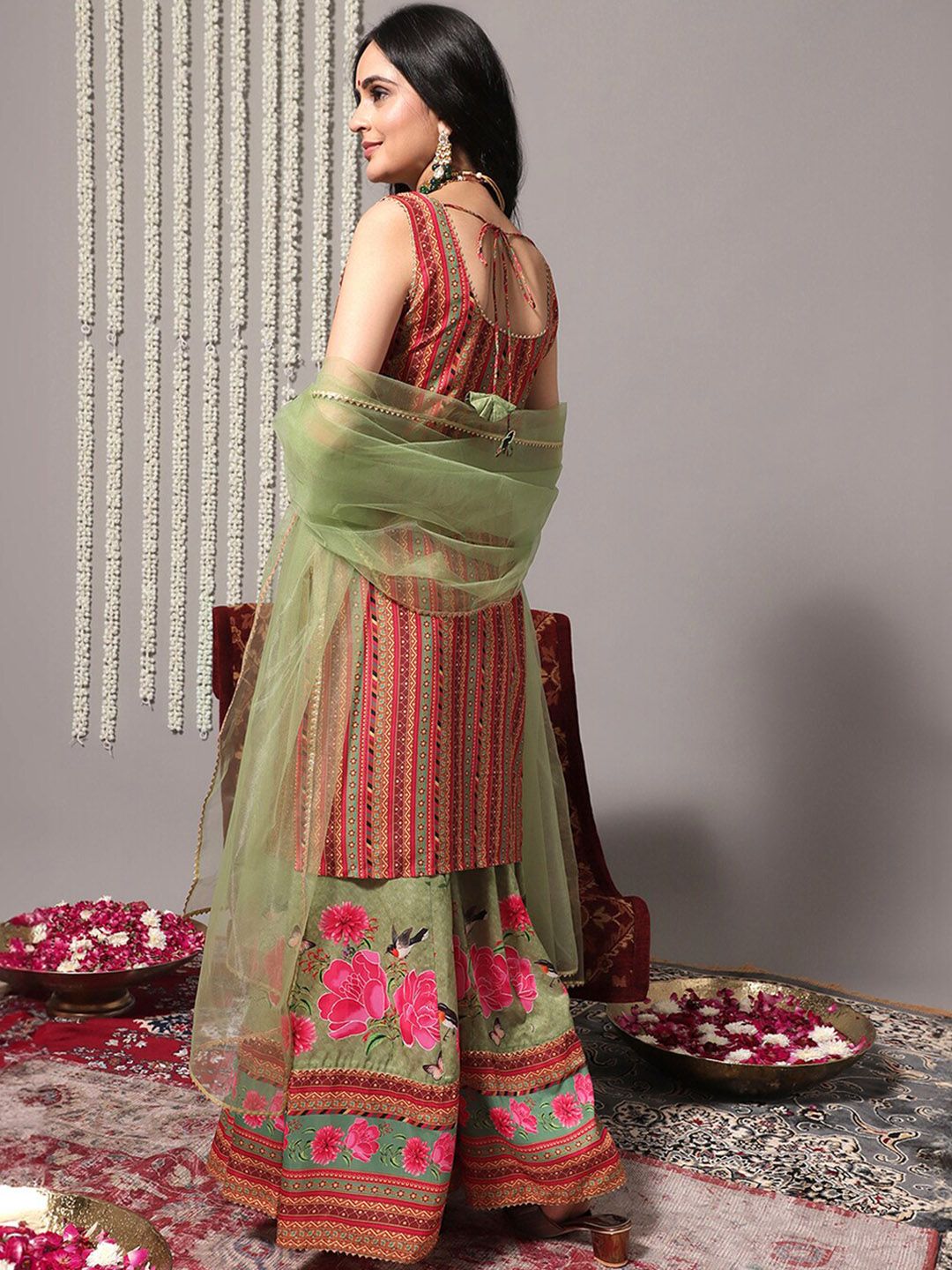 Indyancart VA Women'sEthnic Printed Gotta Patti Straight Kurta With Sharara & Dupatta