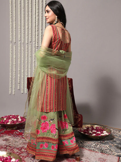 Indyancart VA Women'sEthnic Printed Gotta Patti Straight Kurta With Sharara & Dupatta