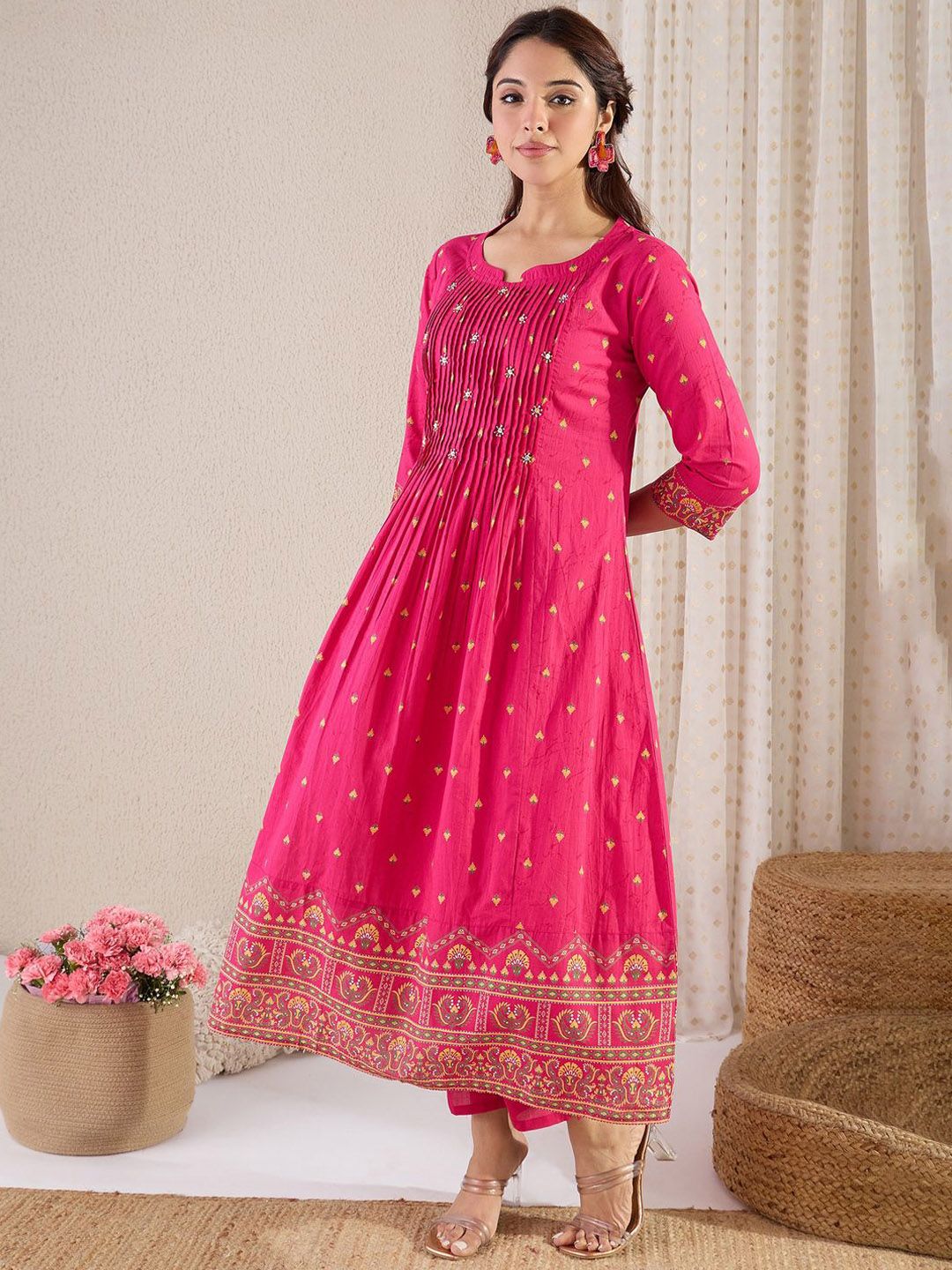 Indyancart IE Floral Printed Pure Cotton Round Neck A-Line Tunic With Trousers Co-Ords