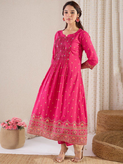 Indyancart IE Floral Printed Pure Cotton Round Neck A-Line Tunic With Trousers Co-Ords