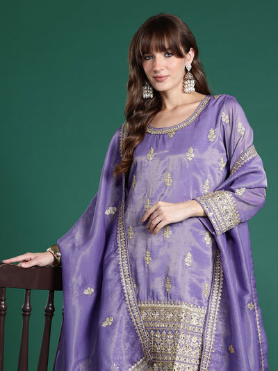 Indyancart IE Ethnic Motifs Embroidered Sequinned Kurta With Palazzos & Dupatta