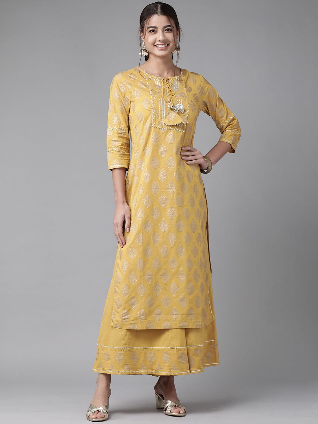 Indyancart IE Women Ethnic Motifs Printed Regular Gotta Patti Pure Cotton Kurta With Sharara