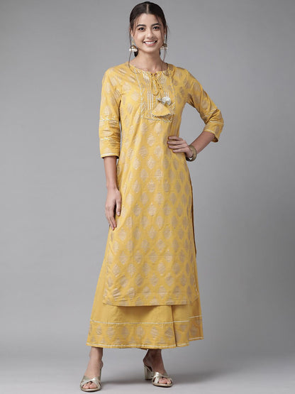 Indyancart IE Women Ethnic Motifs Printed Regular Gotta Patti Pure Cotton Kurta With Sharara