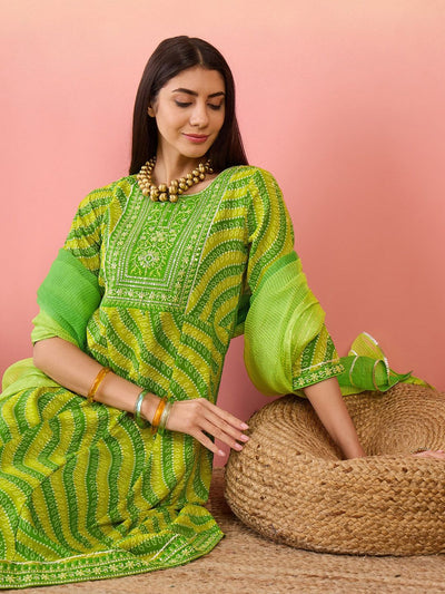 Indyancart SN Women's Green Bandhani Printed Sequinned Anarkali Kurta With Trouser & Dupatta